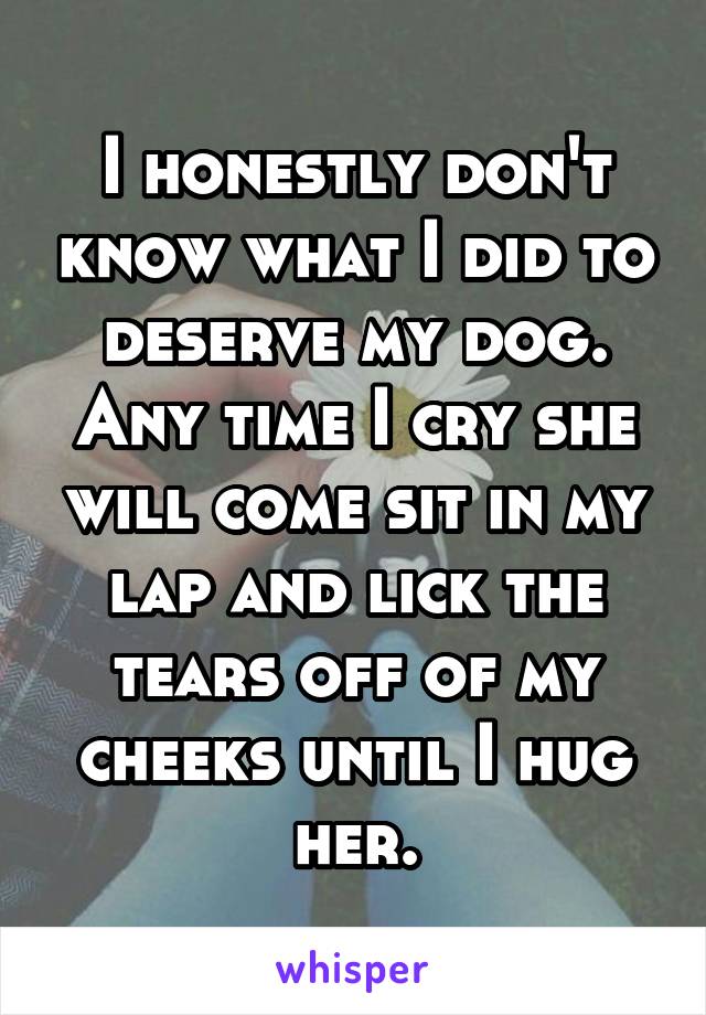 I honestly don't know what I did to deserve my dog. Any time I cry she will come sit in my lap and lick the tears off of my cheeks until I hug her.