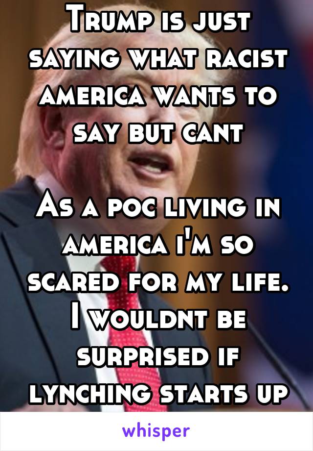 Trump is just saying what racist america wants to say but cant

As a poc living in america i'm so scared for my life. I wouldnt be surprised if lynching starts up again.  