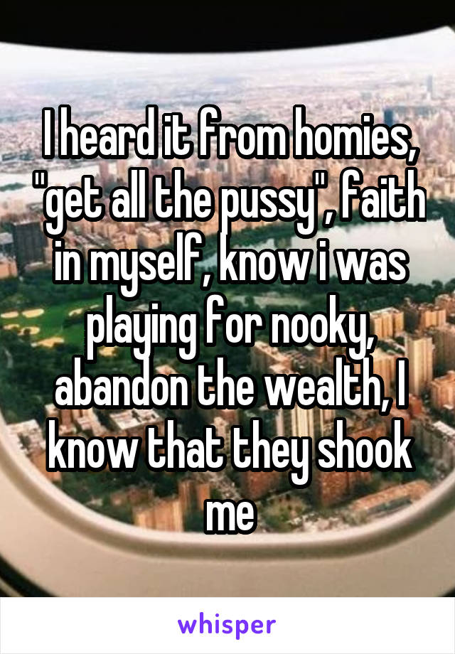 I heard it from homies, "get all the pussy", faith in myself, know i was playing for nooky, abandon the wealth, I know that they shook me