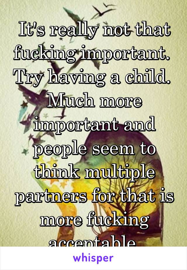 It's really not that fucking important.  Try having a child.  Much more important and people seem to think multiple partners for that is more fucking acceptable.