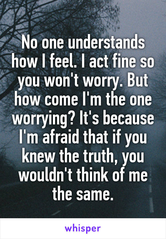 No one understands how I feel. I act fine so you won't worry. But how come I'm the one worrying? It's because I'm afraid that if you knew the truth, you wouldn't think of me the same.