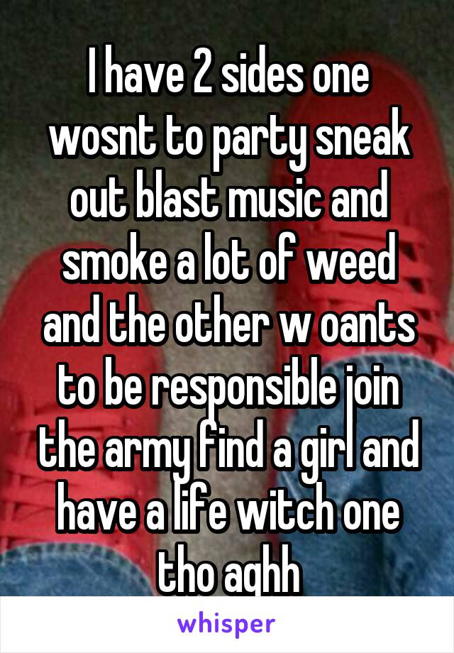 I have 2 sides one wosnt to party sneak out blast music and smoke a lot of weed and the other w oants to be responsible join the army find a girl and have a life witch one tho aghh