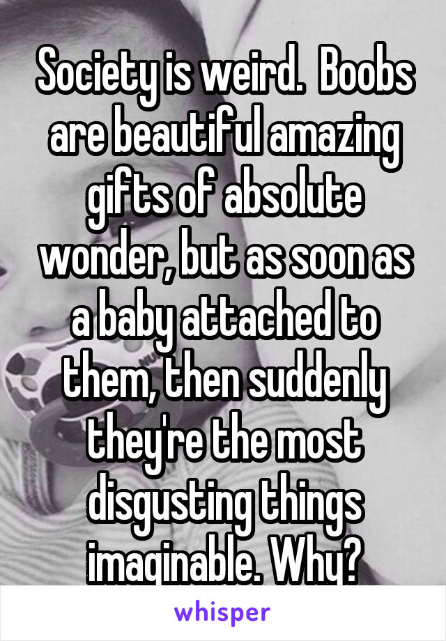 Society is weird.  Boobs are beautiful amazing gifts of absolute wonder, but as soon as a baby attached to them, then suddenly they're the most disgusting things imaginable. Why?