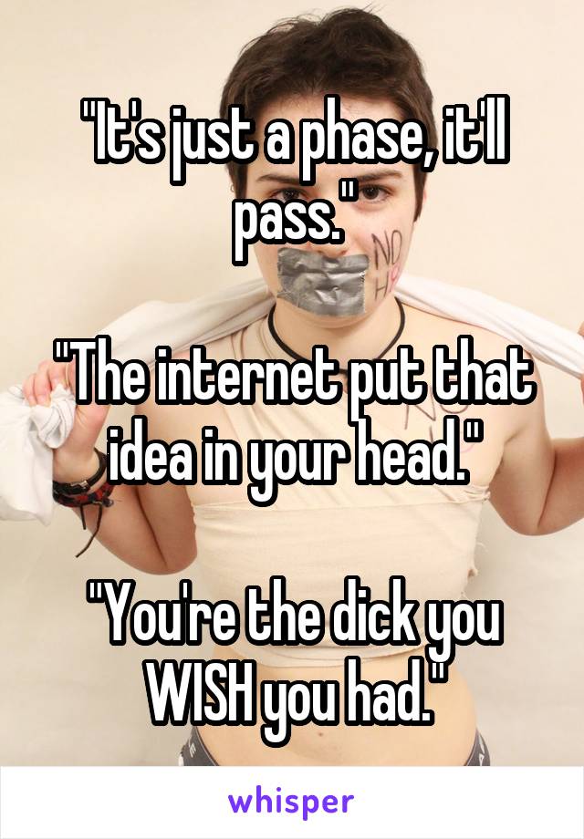 "It's just a phase, it'll pass."

"The internet put that idea in your head."

"You're the dick you WISH you had."