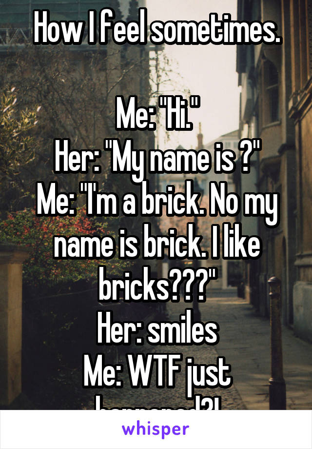 How I feel sometimes.

Me: "Hi."
Her: "My name is ?"
Me: "I'm a brick. No my name is brick. I like bricks???"
Her: smiles
Me: WTF just happened?!