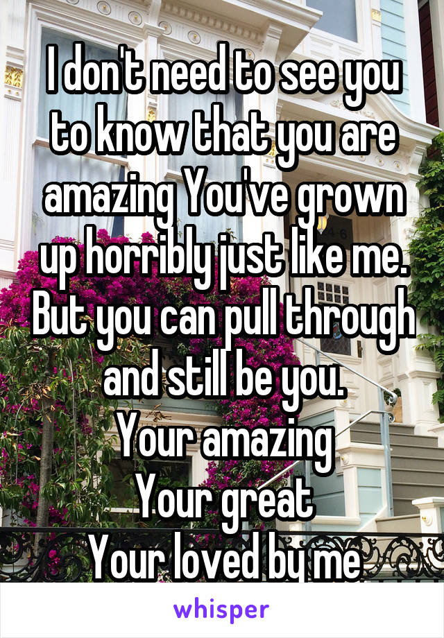 I don't need to see you to know that you are amazing You've grown up horribly just like me. But you can pull through and still be you.
Your amazing
Your great
Your loved by me