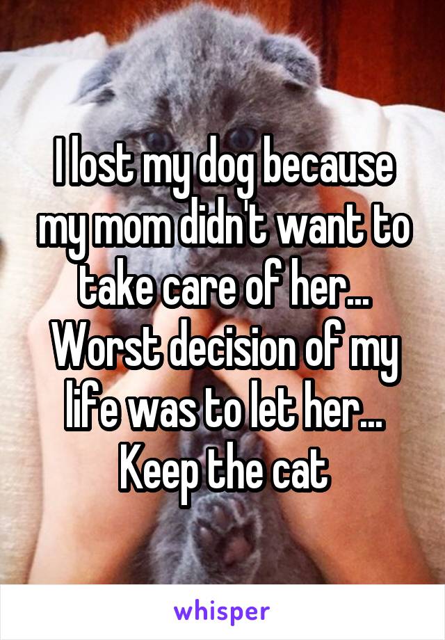 I lost my dog because my mom didn't want to take care of her... Worst decision of my life was to let her... Keep the cat