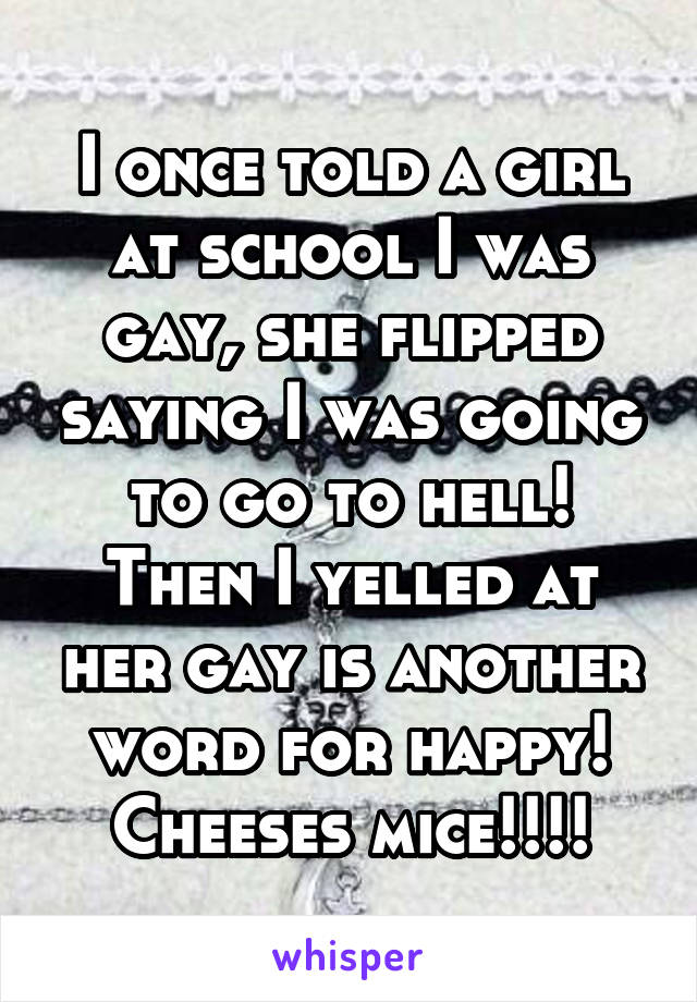 I once told a girl at school I was gay, she flipped saying I was going to go to hell! Then I yelled at her gay is another word for happy! Cheeses mice!!!!