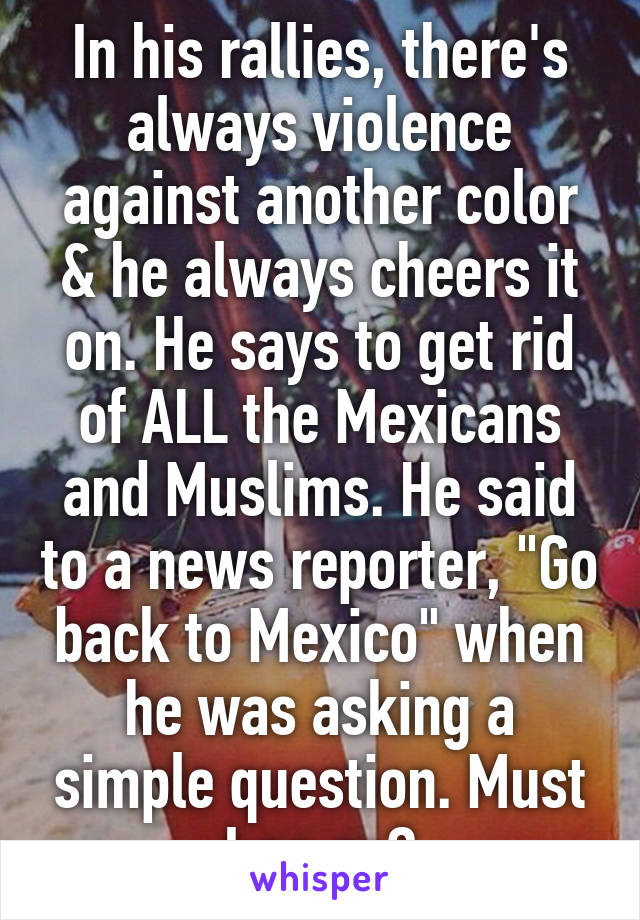 In his rallies, there's always violence against another color & he always cheers it on. He says to get rid of ALL the Mexicans and Muslims. He said to a news reporter, "Go back to Mexico" when he was asking a simple question. Must I go on?