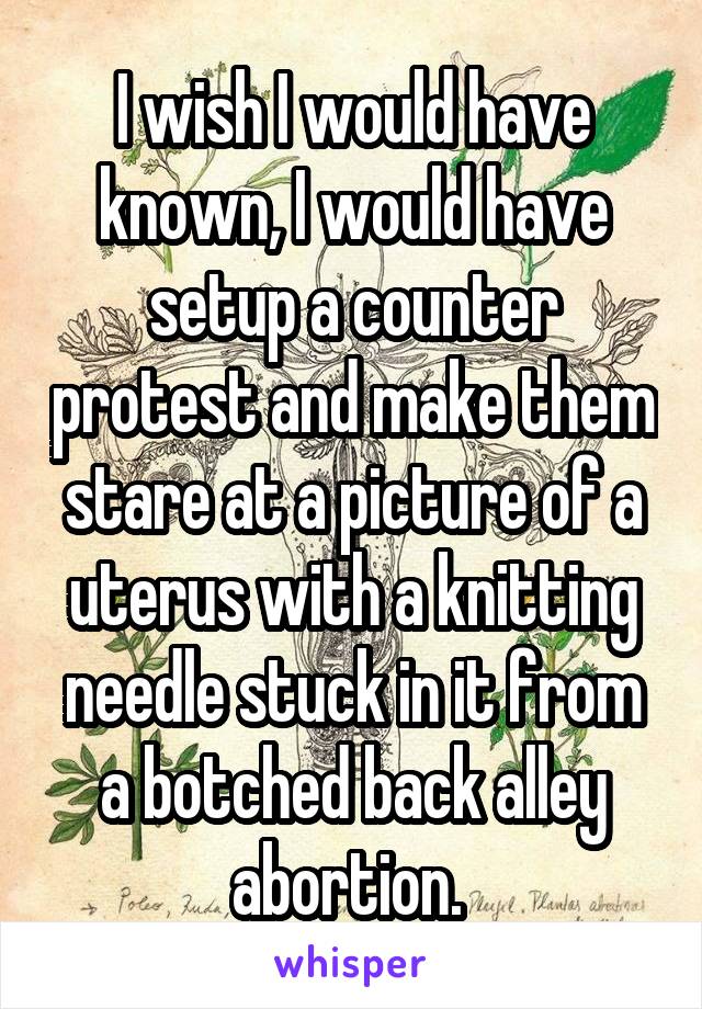 I wish I would have known, I would have setup a counter protest and make them stare at a picture of a uterus with a knitting needle stuck in it from a botched back alley abortion. 