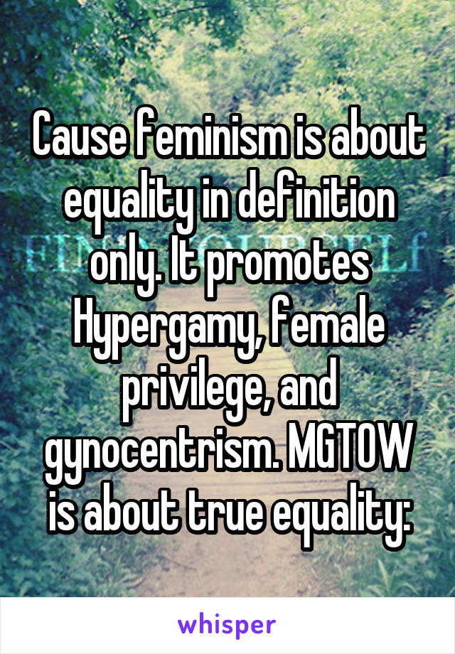 Cause feminism is about equality in definition only. It promotes Hypergamy, female privilege, and gynocentrism. MGTOW is about true equality: