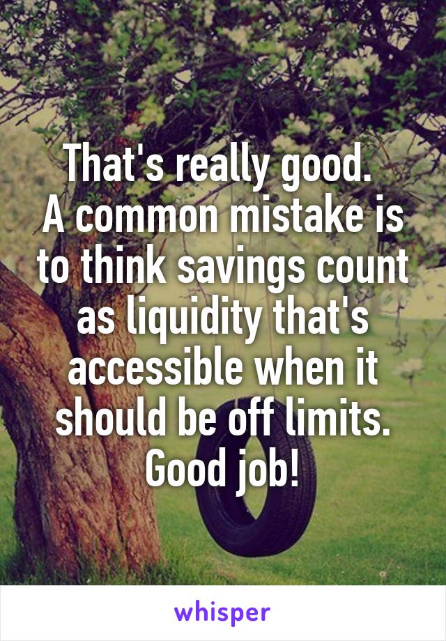 That's really good. 
A common mistake is to think savings count as liquidity that's accessible when it should be off limits.
Good job!