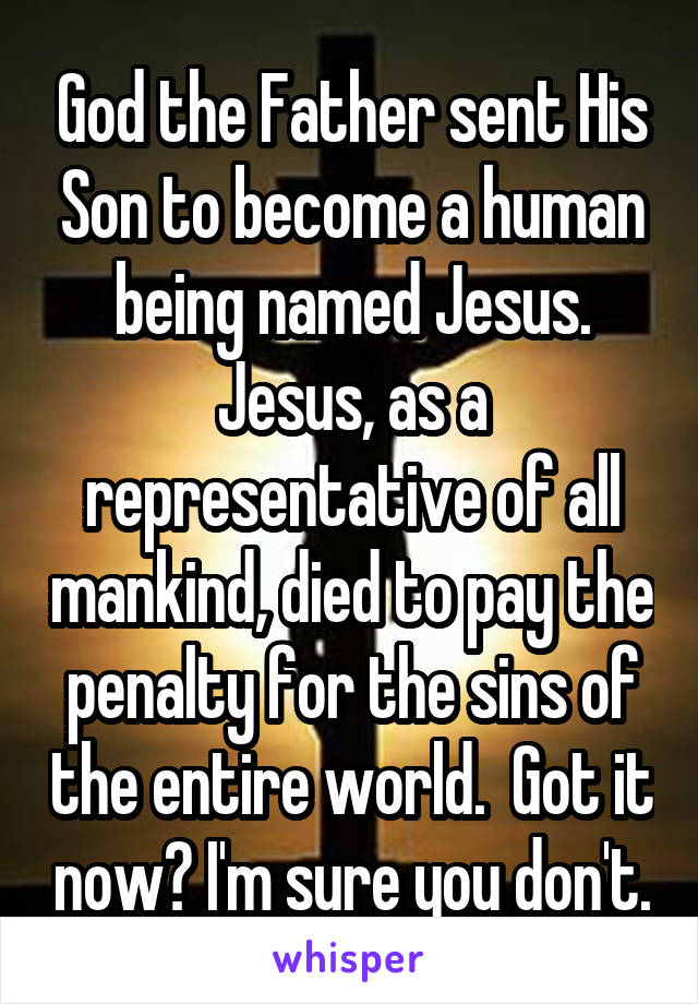 God the Father sent His Son to become a human being named Jesus. Jesus, as a representative of all mankind, died to pay the penalty for the sins of the entire world.  Got it now? I'm sure you don't.