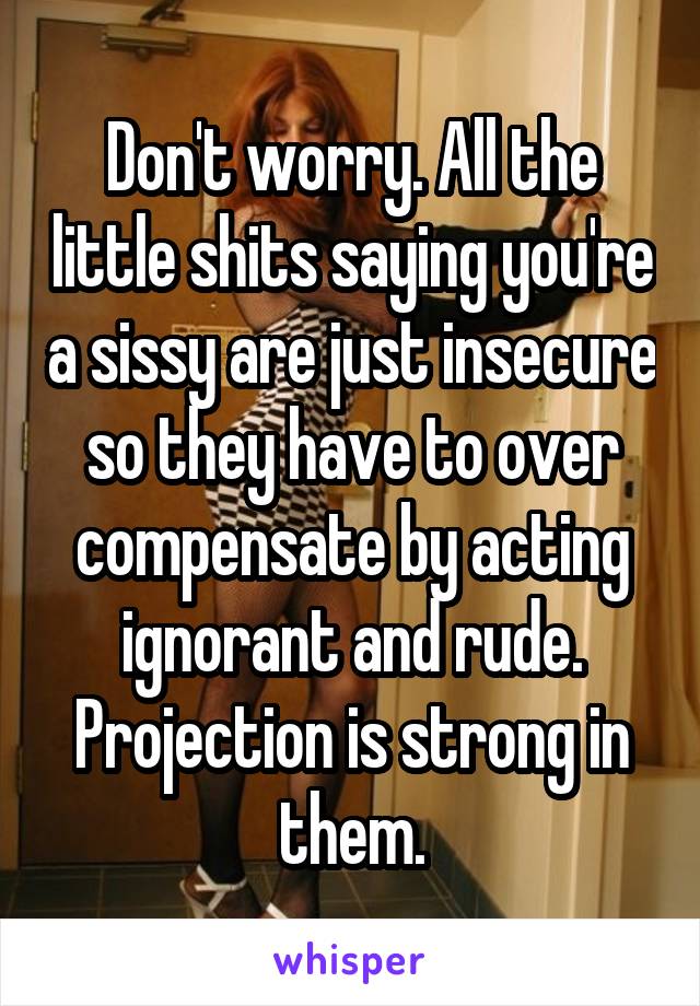 Don't worry. All the little shits saying you're a sissy are just insecure so they have to over compensate by acting ignorant and rude. Projection is strong in them.