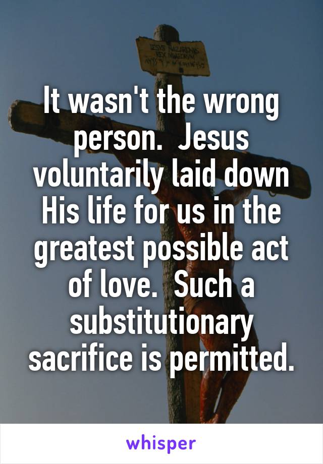 It wasn't the wrong person.  Jesus voluntarily laid down His life for us in the greatest possible act of love.  Such a substitutionary sacrifice is permitted.