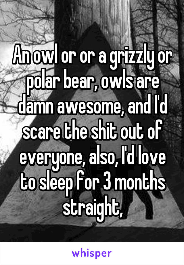 An owl or or a grizzly or polar bear, owls are damn awesome, and I'd scare the shit out of everyone, also, I'd love to sleep for 3 months straight,