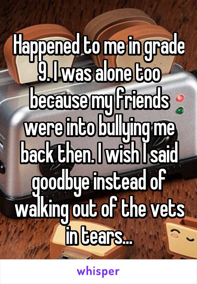 Happened to me in grade 9. I was alone too because my friends were into bullying me back then. I wish I said goodbye instead of walking out of the vets in tears...