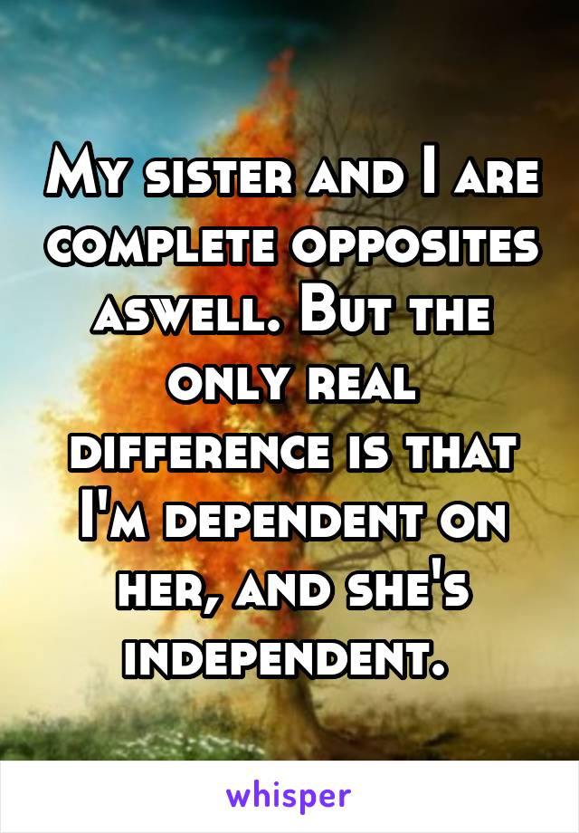 My sister and I are complete opposites aswell. But the only real difference is that I'm dependent on her, and she's independent. 