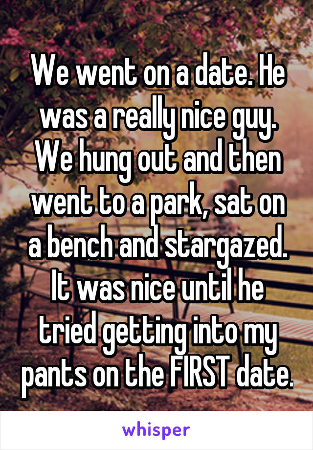 We went on a date. He was a really nice guy. We hung out and then went to a park, sat on a bench and stargazed. It was nice until he tried getting into my pants on the FIRST date.