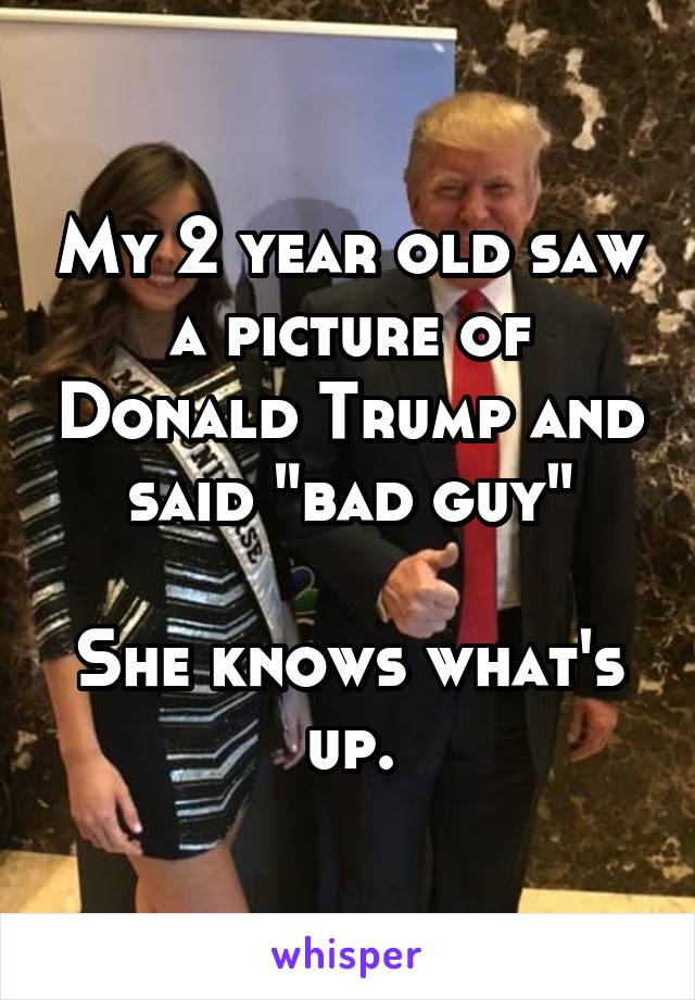 My 2 year old saw a picture of Donald Trump and said "bad guy"

She knows what's up.