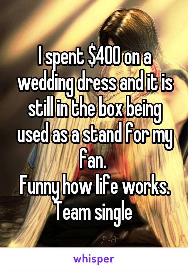 I spent $400 on a wedding dress and it is still in the box being used as a stand for my fan. 
Funny how life works.
Team single 