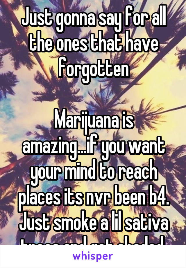 Just gonna say for all the ones that have forgotten

Marijuana is amazing...if you want your mind to reach places its nvr been b4. Just smoke a lil sativa trees and get shaded.