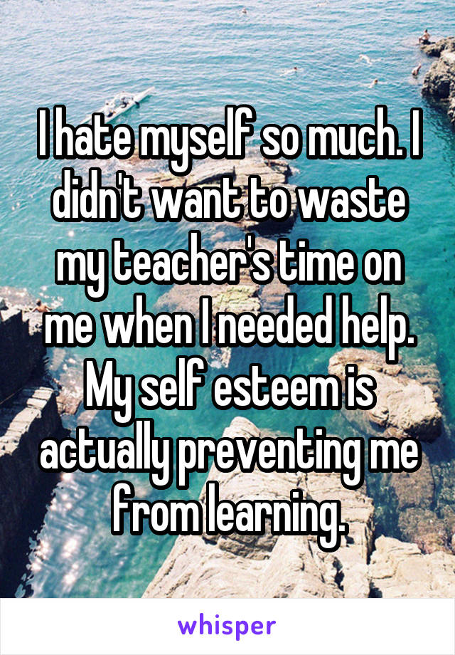 I hate myself so much. I didn't want to waste my teacher's time on me when I needed help. My self esteem is actually preventing me from learning.