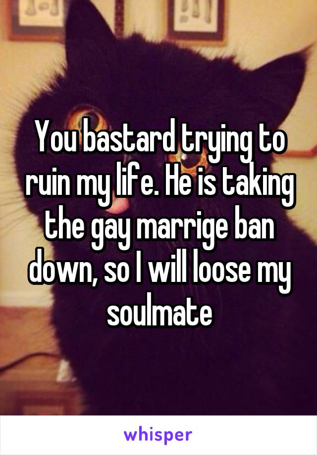 You bastard trying to ruin my life. He is taking the gay marrige ban down, so I will loose my soulmate