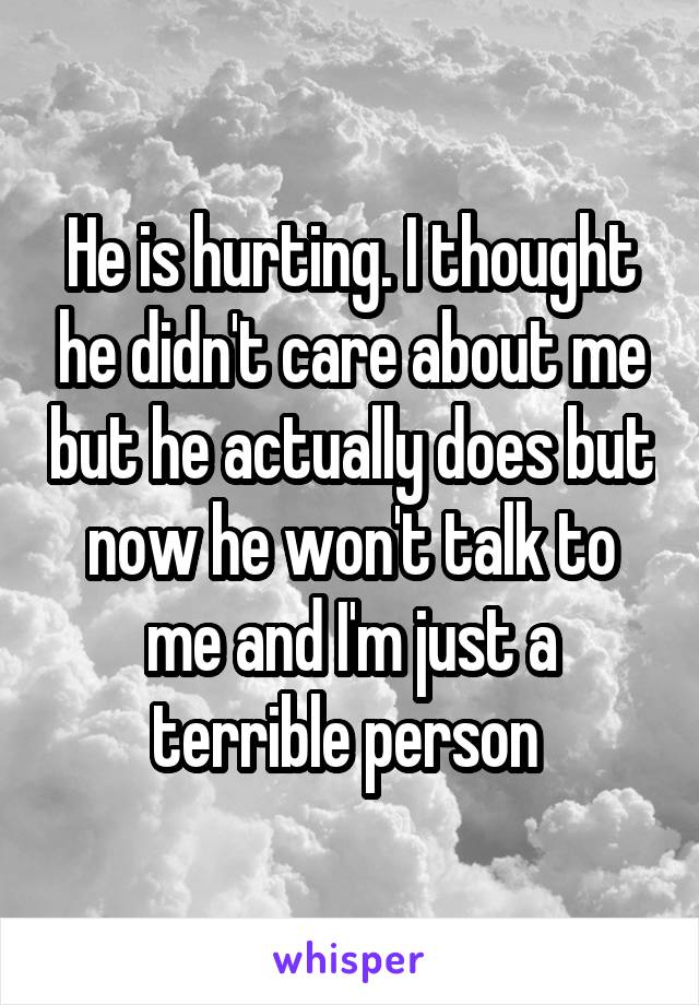 He is hurting. I thought he didn't care about me but he actually does but now he won't talk to me and I'm just a terrible person 