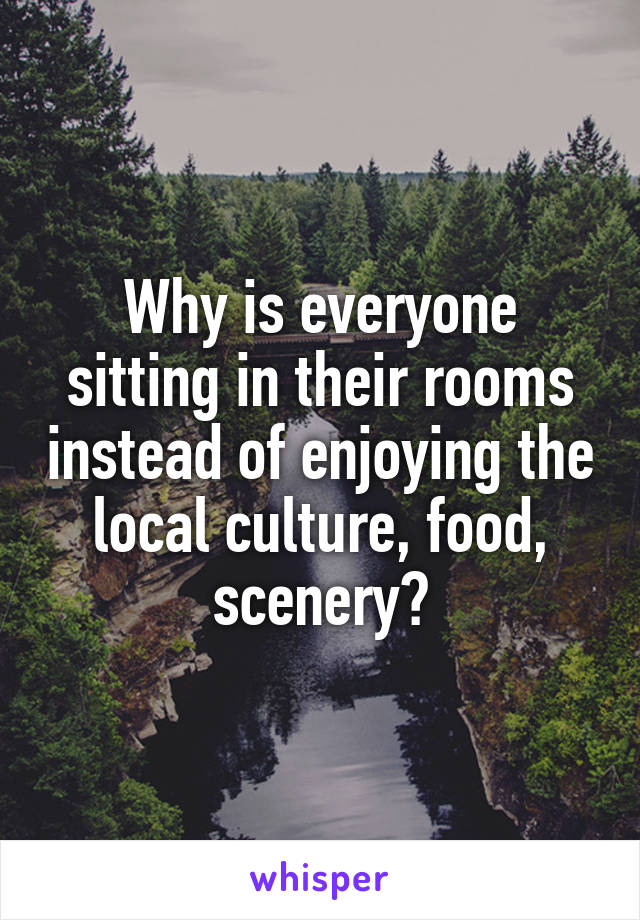 Why is everyone sitting in their rooms instead of enjoying the local culture, food, scenery?