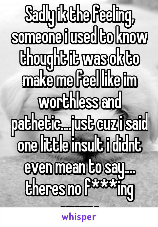 Sadly ik the feeling, someone i used to know thought it was ok to make me feel like im worthless and pathetic....just cuz i said one little insult i didnt even mean to say.... theres no f***ing excuse