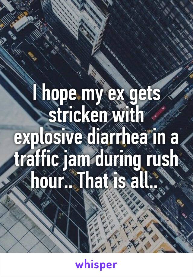 I hope my ex gets stricken with explosive diarrhea in a traffic jam during rush hour.. That is all.. 