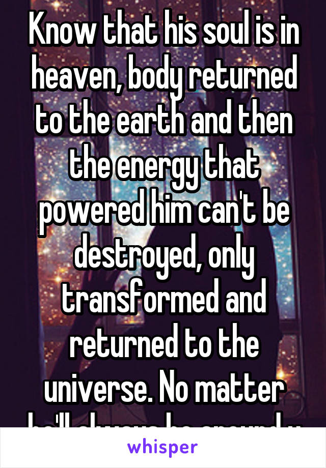 Know that his soul is in heaven, body returned to the earth and then the energy that powered him can't be destroyed, only transformed and returned to the universe. No matter he'll always be around u