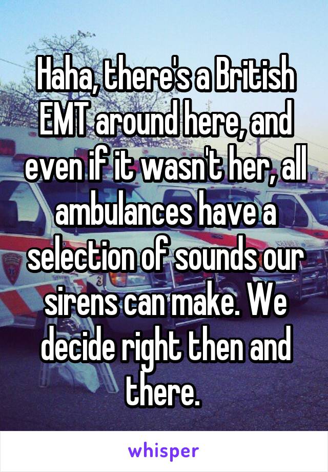 Haha, there's a British EMT around here, and even if it wasn't her, all ambulances have a selection of sounds our sirens can make. We decide right then and there. 