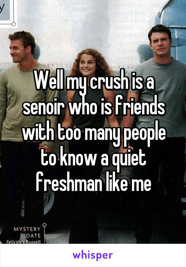 Well my crush is a senoir who is friends with too many people to know a quiet freshman like me