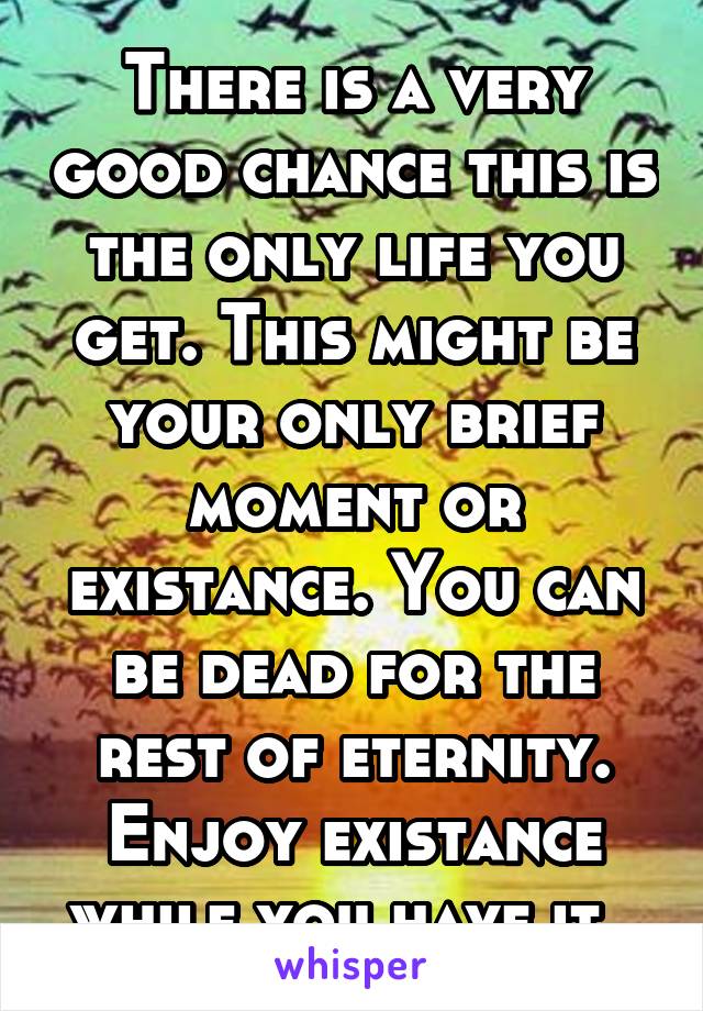 There is a very good chance this is the only life you get. This might be your only brief moment or existance. You can be dead for the rest of eternity. Enjoy existance while you have it. 