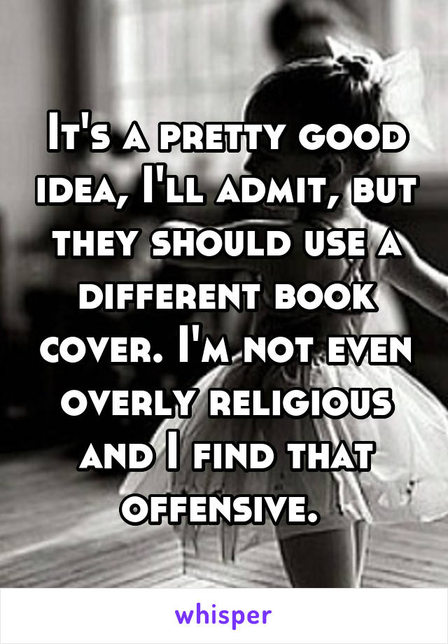 It's a pretty good idea, I'll admit, but they should use a different book cover. I'm not even overly religious and I find that offensive. 