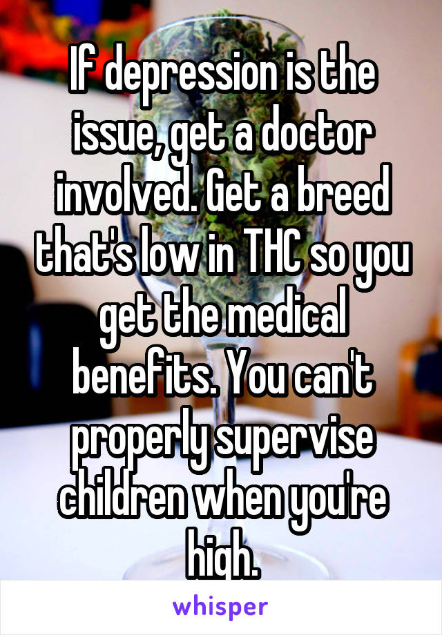 If depression is the issue, get a doctor involved. Get a breed that's low in THC so you get the medical benefits. You can't properly supervise children when you're high.