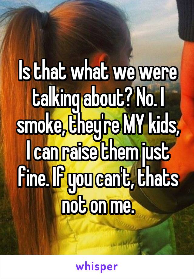 Is that what we were talking about? No. I smoke, they're MY kids, I can raise them just fine. If you can't, thats not on me.