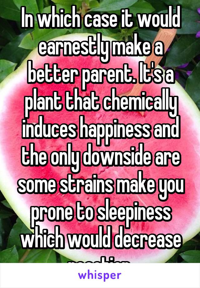 In which case it would earnestly make a better parent. It's a plant that chemically induces happiness and the only downside are some strains make you prone to sleepiness which would decrease reaction 