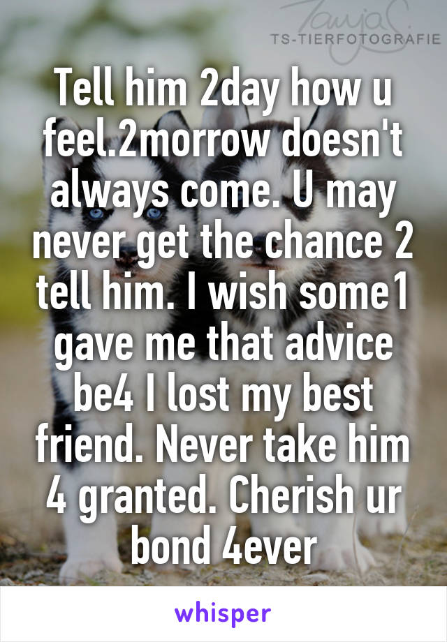 Tell him 2day how u feel.2morrow doesn't always come. U may never get the chance 2 tell him. I wish some1 gave me that advice be4 I lost my best friend. Never take him 4 granted. Cherish ur bond 4ever