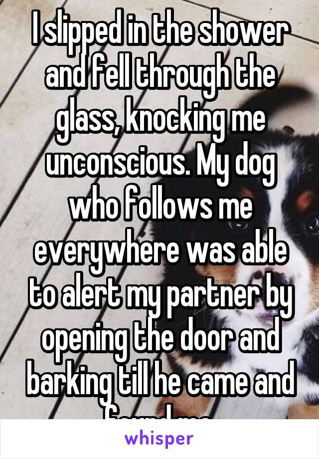I slipped in the shower and fell through the glass, knocking me unconscious. My dog who follows me everywhere was able to alert my partner by opening the door and barking till he came and found me.