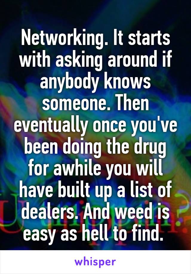 Networking. It starts with asking around if anybody knows someone. Then eventually once you've been doing the drug for awhile you will have built up a list of dealers. And weed is easy as hell to find. 