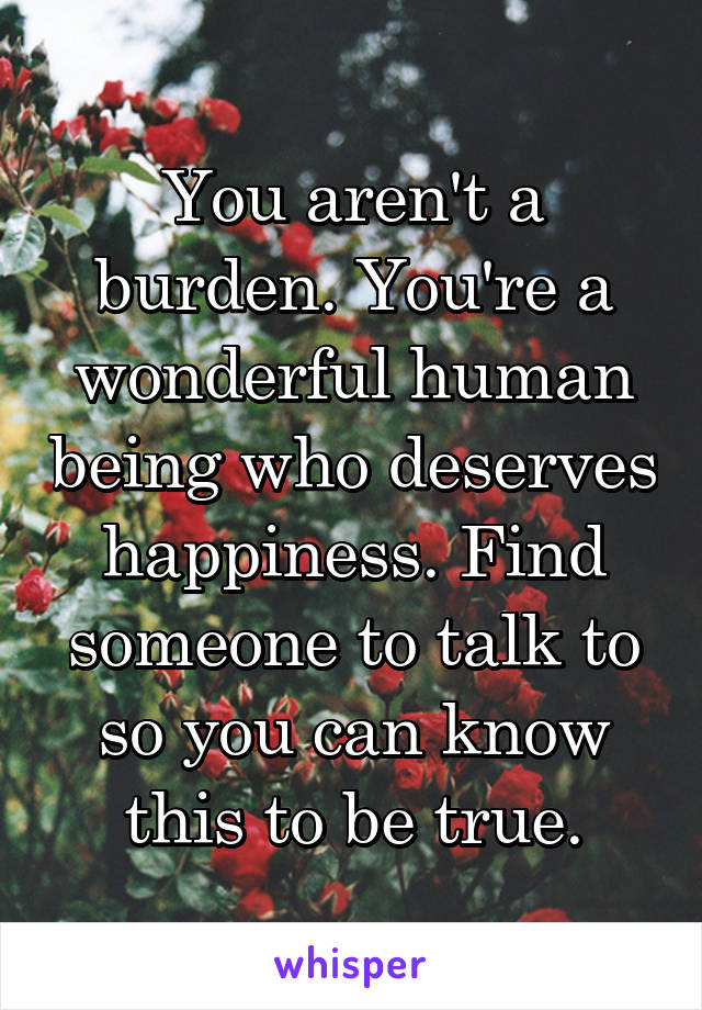 You aren't a burden. You're a wonderful human being who deserves happiness. Find someone to talk to so you can know this to be true.