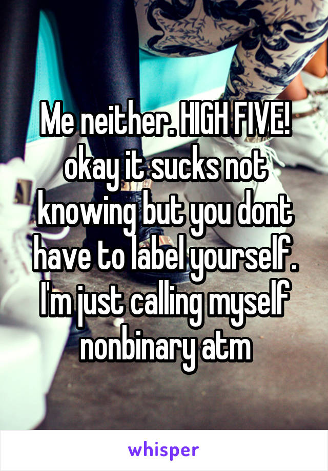 Me neither. HIGH FIVE! okay it sucks not knowing but you dont have to label yourself. I'm just calling myself nonbinary atm