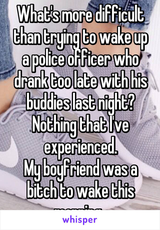 What's more difficult than trying to wake up a police officer who drank too late with his buddies last night?
Nothing that I've experienced.
My boyfriend was a bitch to wake this morning. 