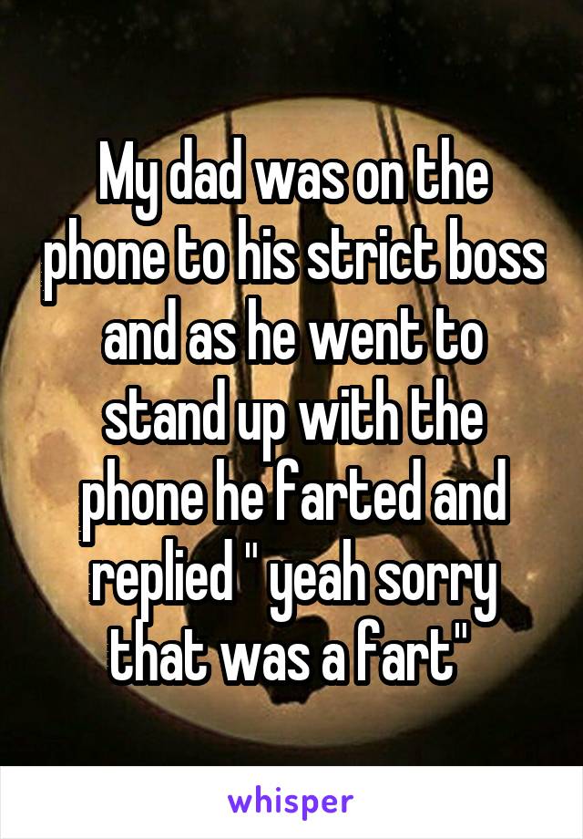 My dad was on the phone to his strict boss and as he went to stand up with the phone he farted and replied " yeah sorry that was a fart" 