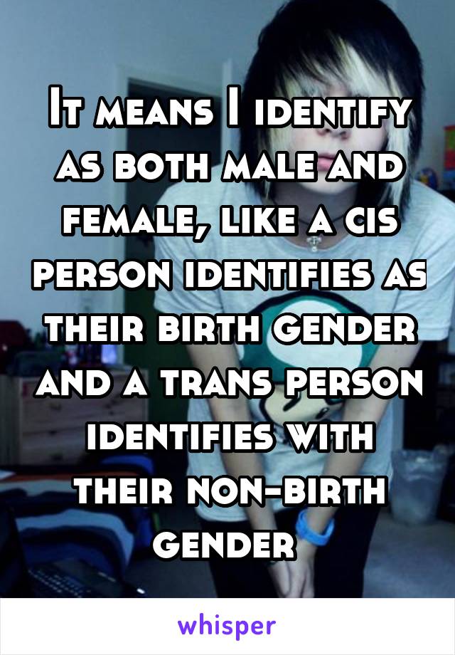 It means I identify as both male and female, like a cis person identifies as their birth gender and a trans person identifies with their non-birth gender 