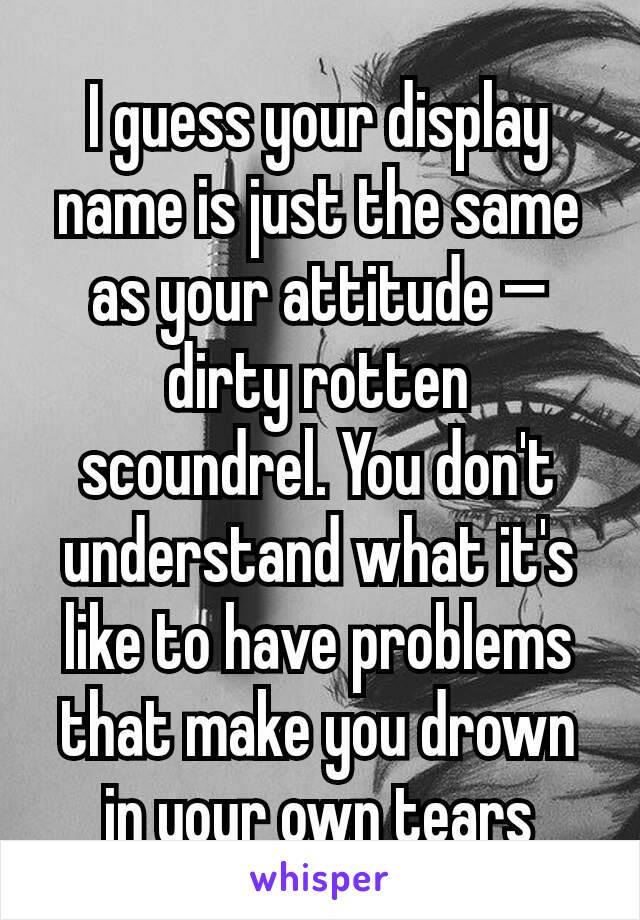 I guess your display name is just the same as your attitude — dirty rotten scoundrel. You don't understand what it's like to have problems that make you drown in your own tears