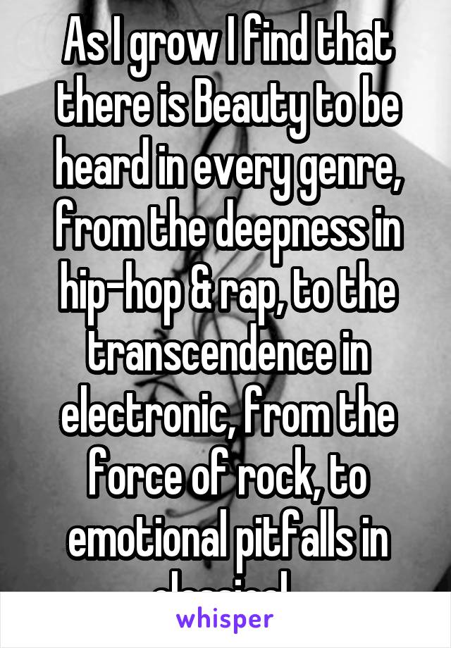As I grow I find that there is Beauty to be heard in every genre, from the deepness in hip-hop & rap, to the transcendence in electronic, from the force of rock, to emotional pitfalls in classical. 